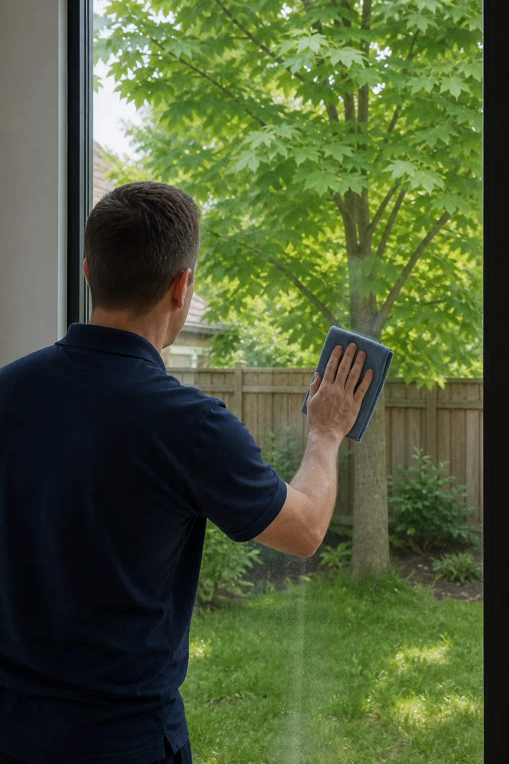 A cleaner in a navy polo drawing a folded cloth down a tall pane of glass, a mature maple visible through it