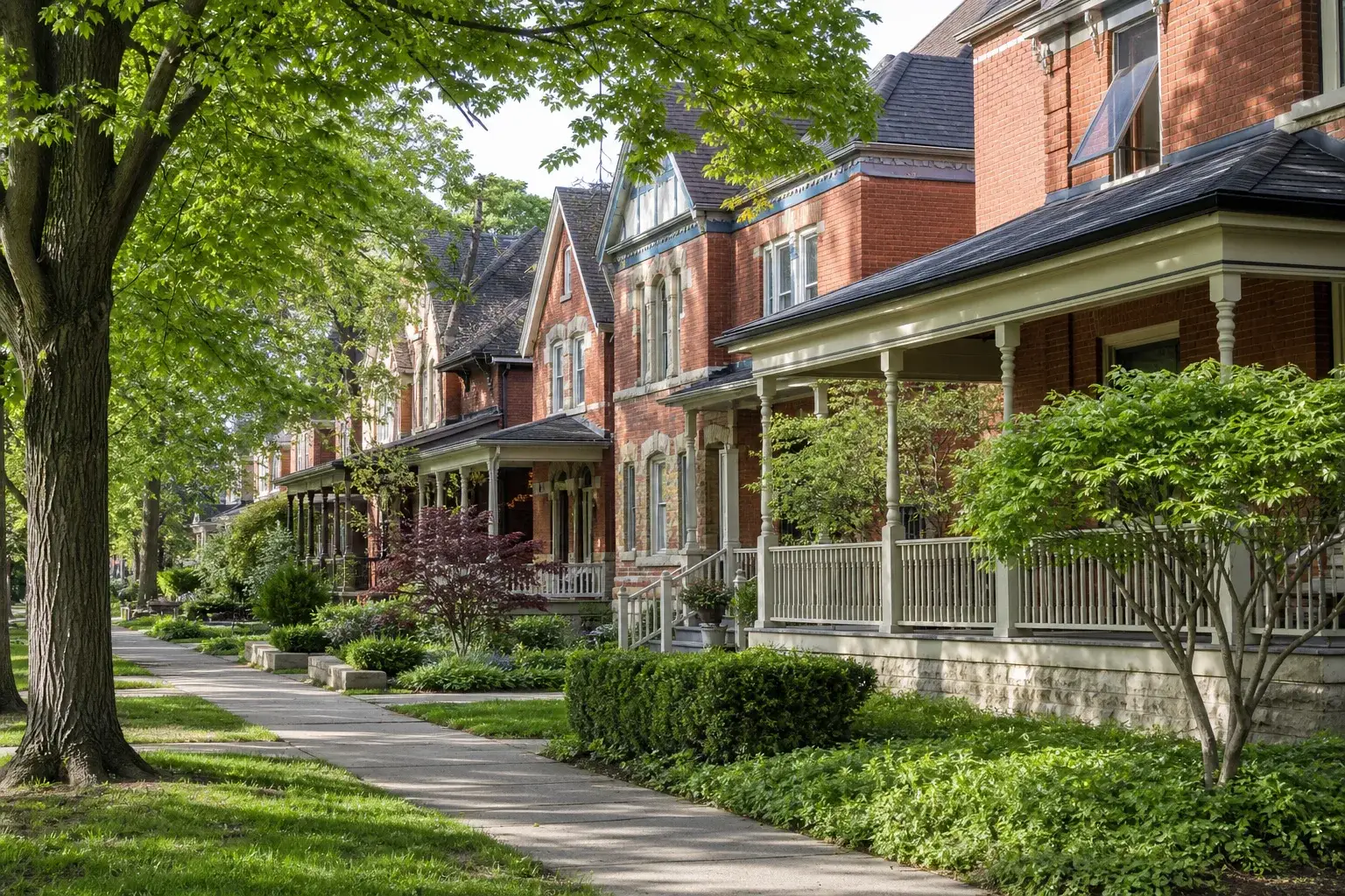 A tree-lined street of century red brick homes with covered porches in mid-morning light