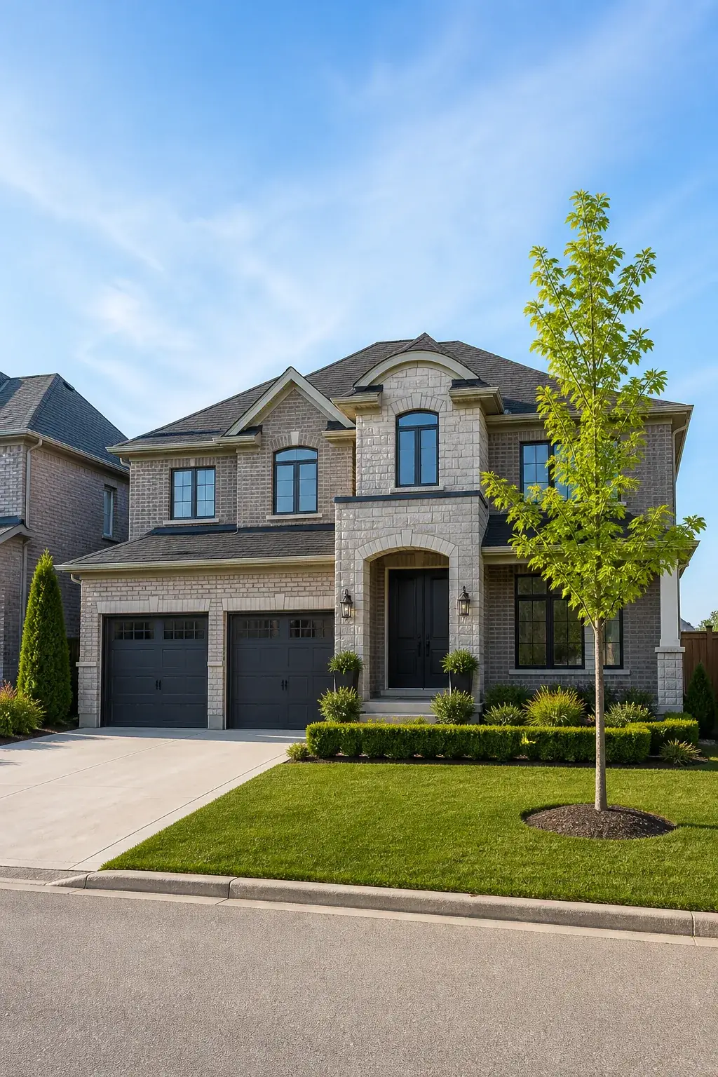 A newly built brick and stone family home with a double garage on a quiet Milton street in mid-morning light
