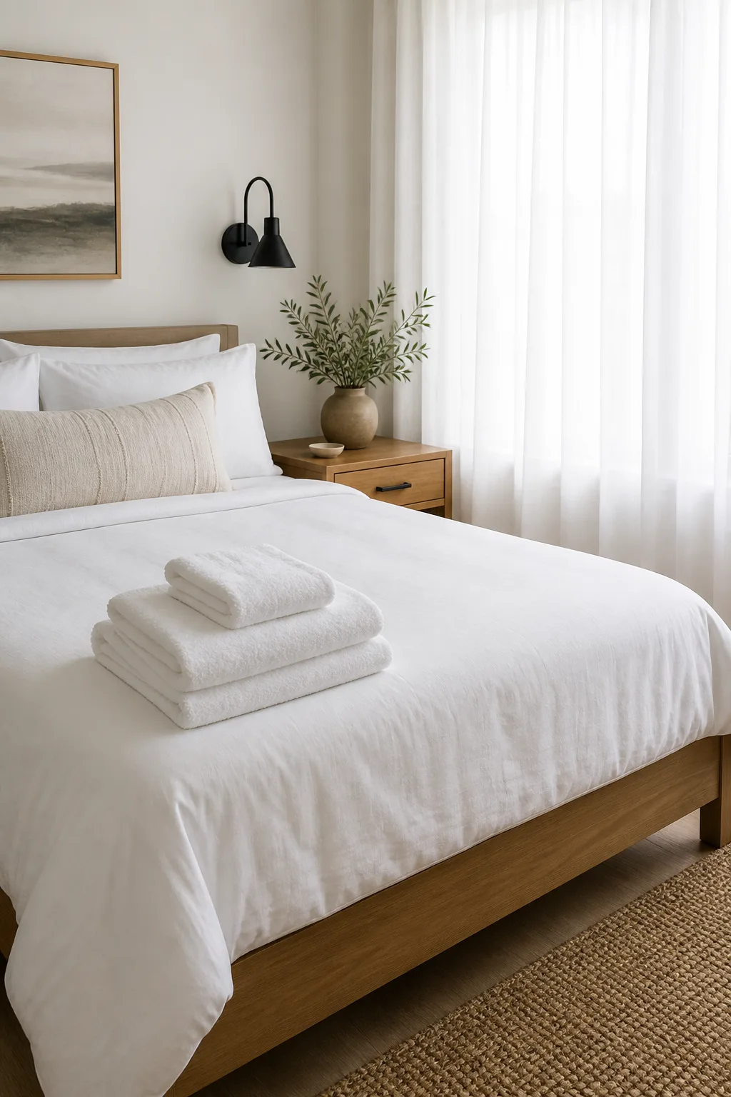 A short-term rental bedroom made up with crisp white linens for arrival