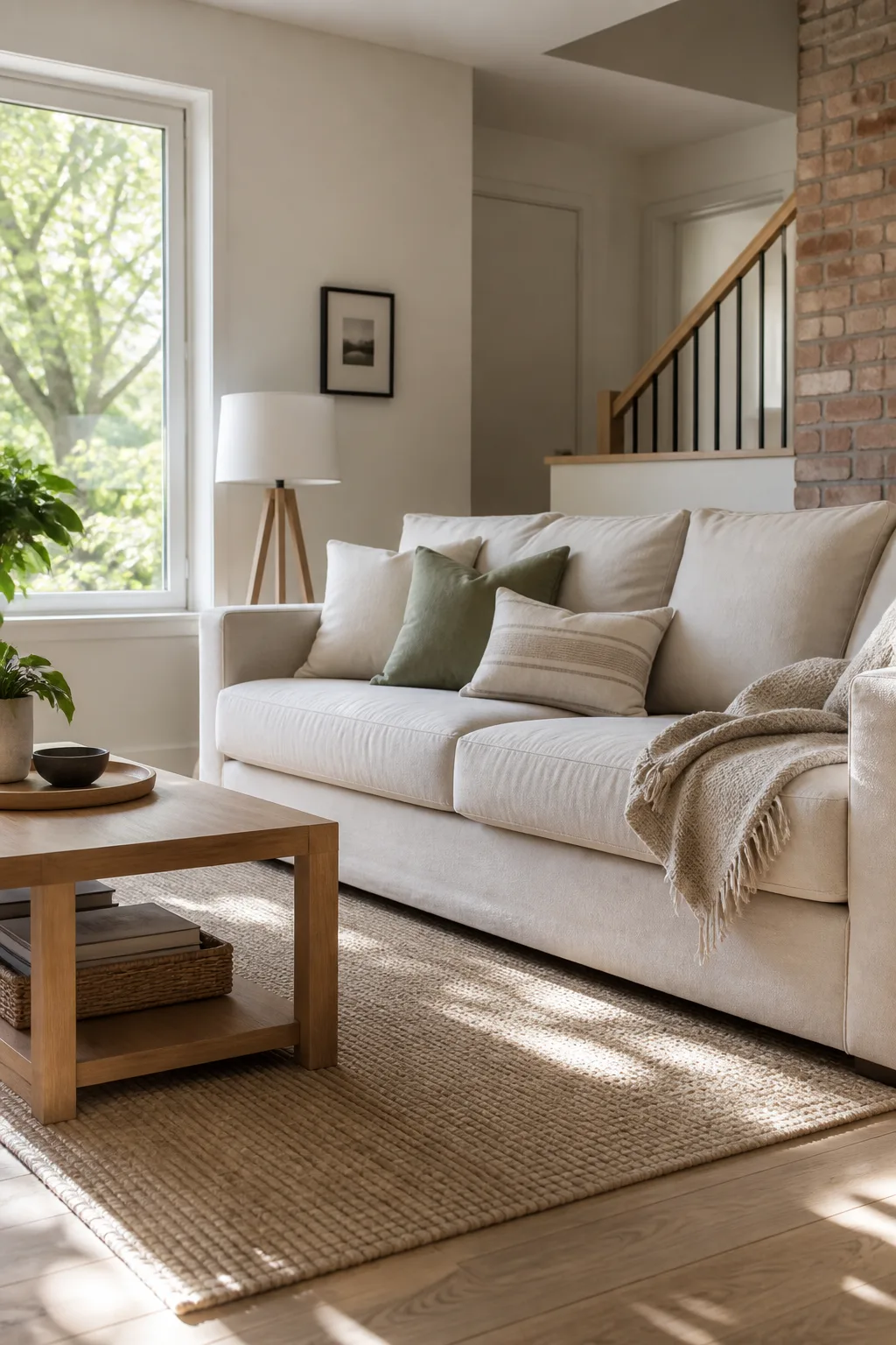 An Ontario living room with a pale linen sofa and daylight across a white oak floor