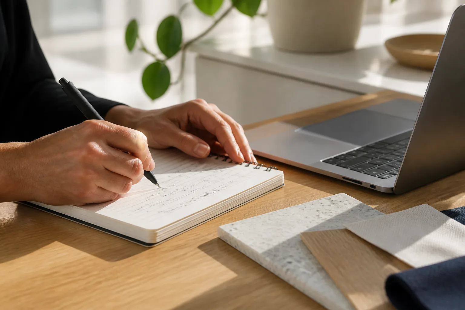 A hand writing property details on a notepad beside a laptop on a white oak table