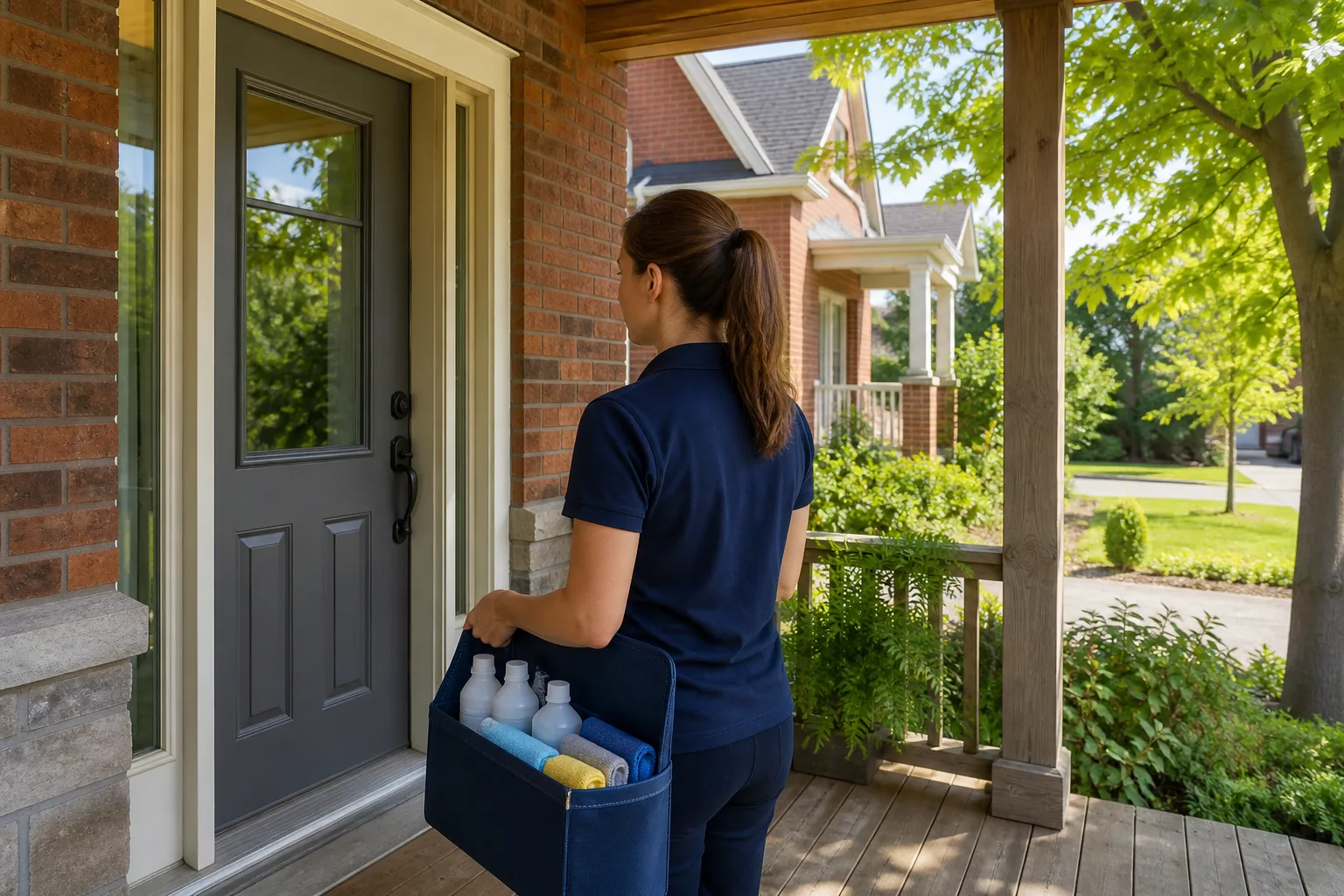 A cleaner in a navy polo arriving at the front door of a red brick Ontario home with a caddy of cloths and bottles