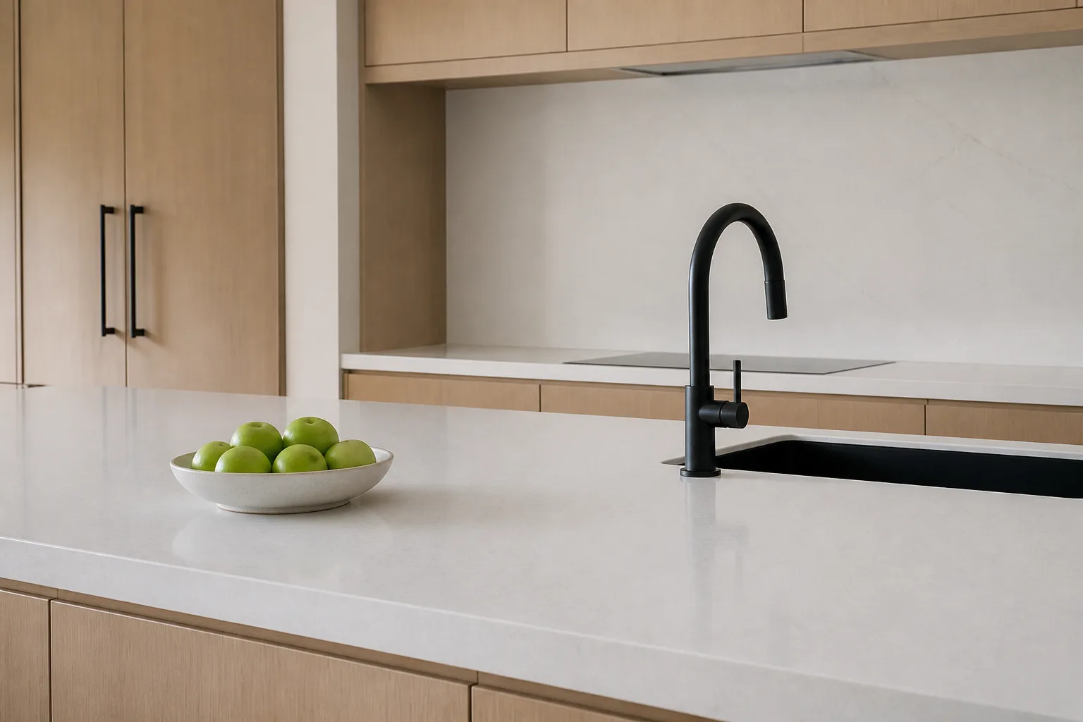 A finished kitchen with an empty quartz counter, a bowl of green apples and a gleaming matte black tap