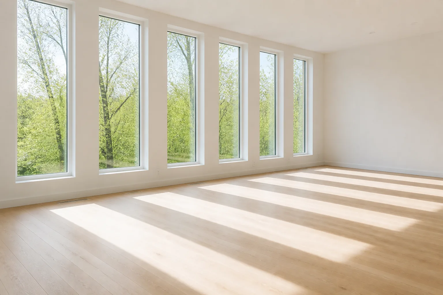 Morning light falling in long rectangles across a bare white oak floor in an empty room