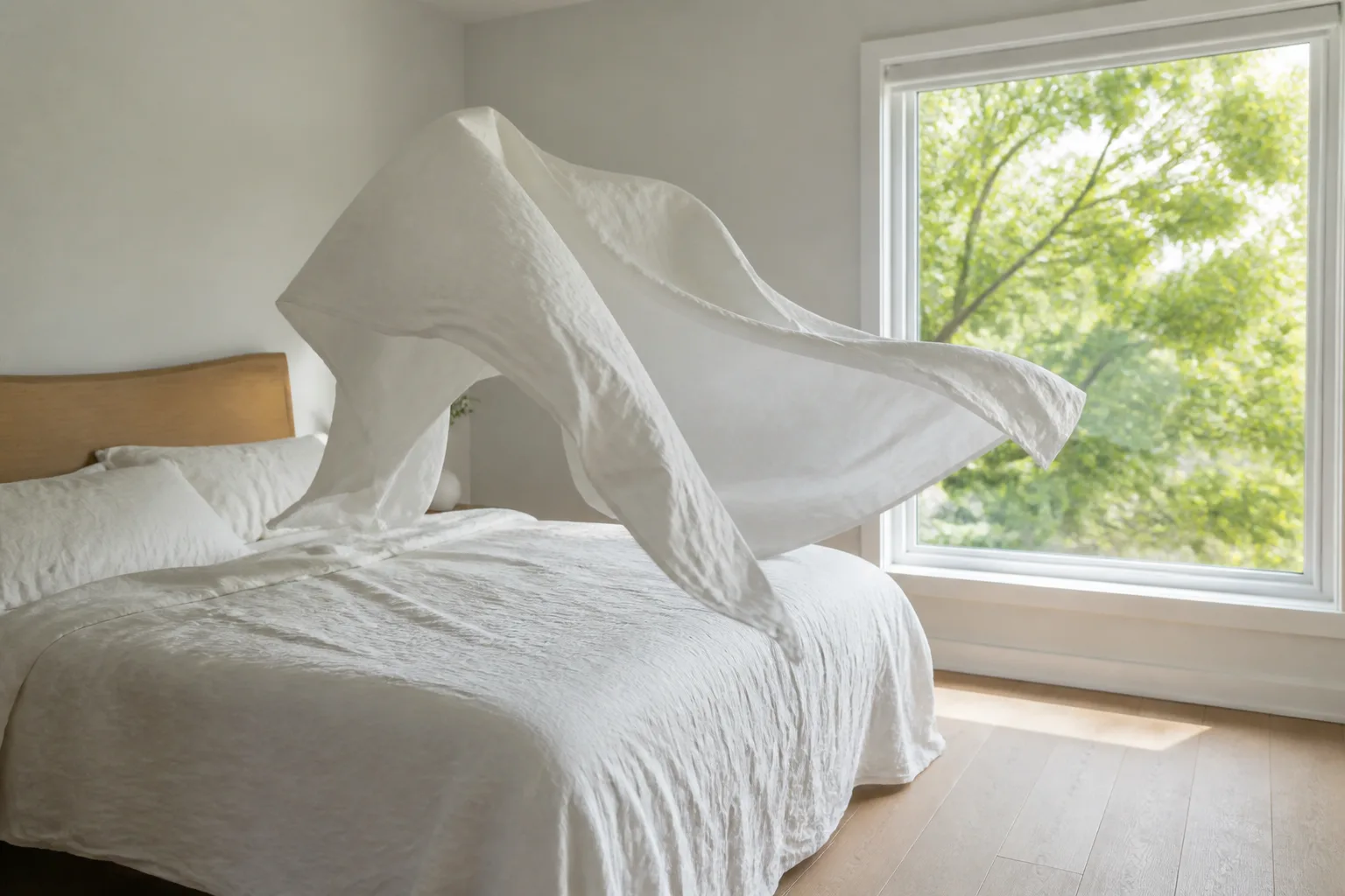 A white linen sheet settling over a bed in a sunlit bedroom