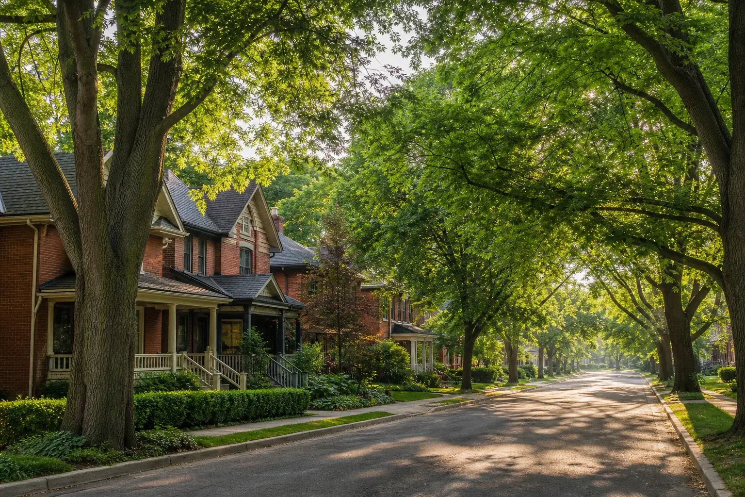 Mature maples arching over a quiet residential street of brick homes on a bright Ontario morning