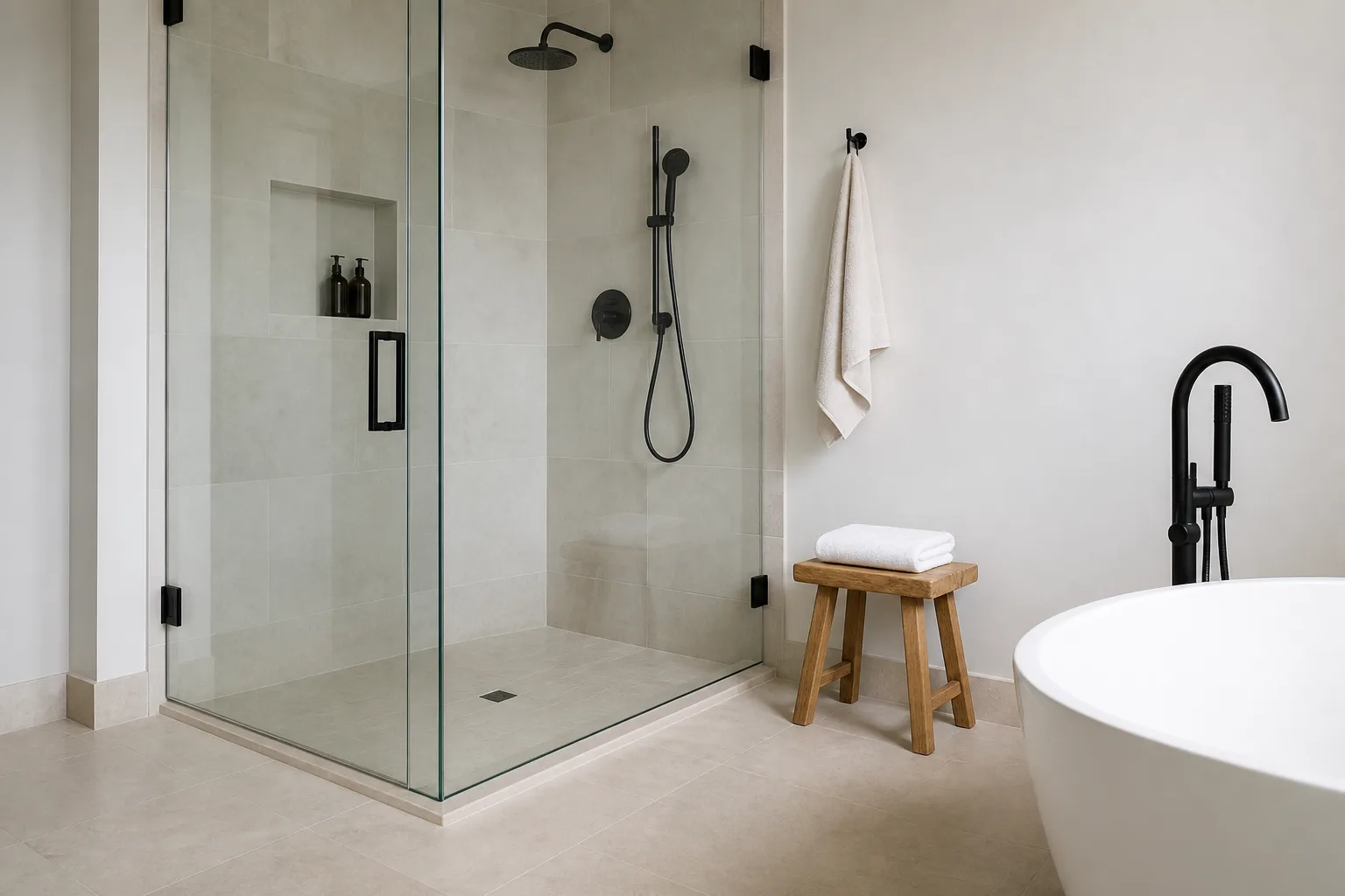 Pale stone and white tile catching morning light in a quiet bathroom