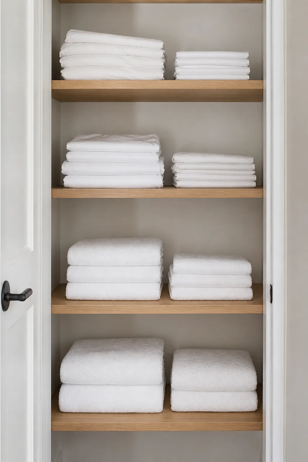 A linen closet with neat stacks of folded white sheets and towels on white oak shelving