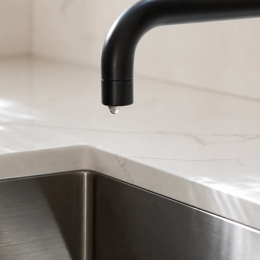 A matte black tap over a clean stainless sink set into white quartz