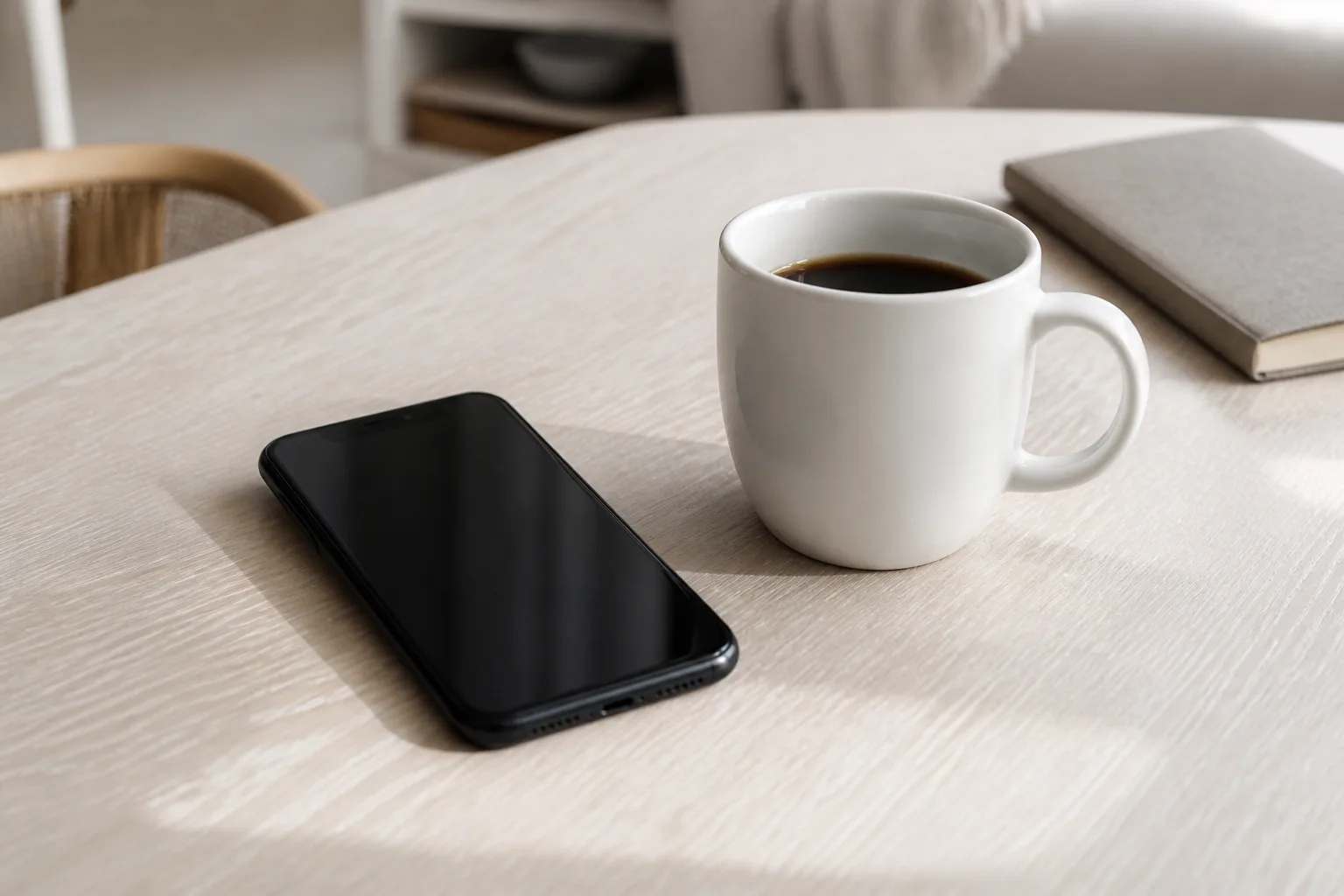 A phone resting face-up beside a coffee cup on a white oak table in morning light