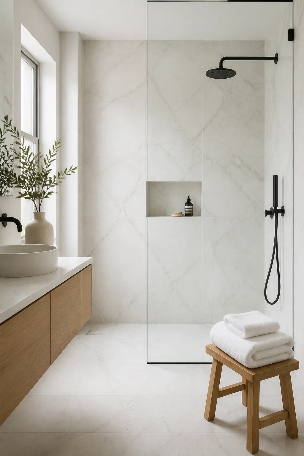 A white-tiled bathroom with matte black fixtures and a spot-free glass screen
