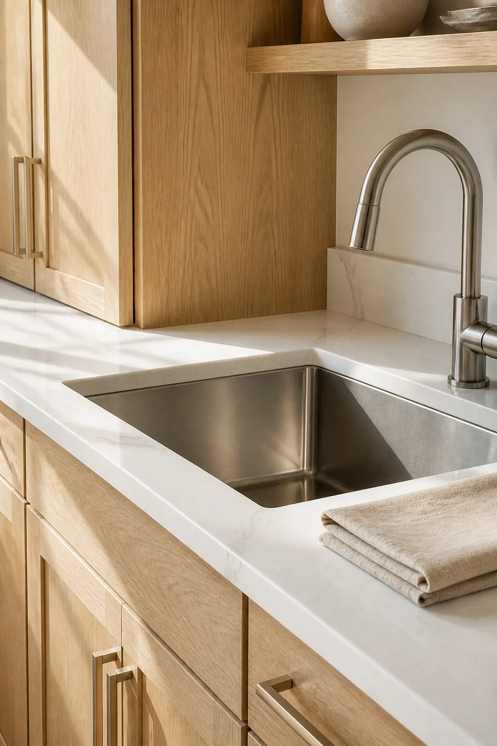 An emptied kitchen with white oak cabinetry and a cleared quartz counter