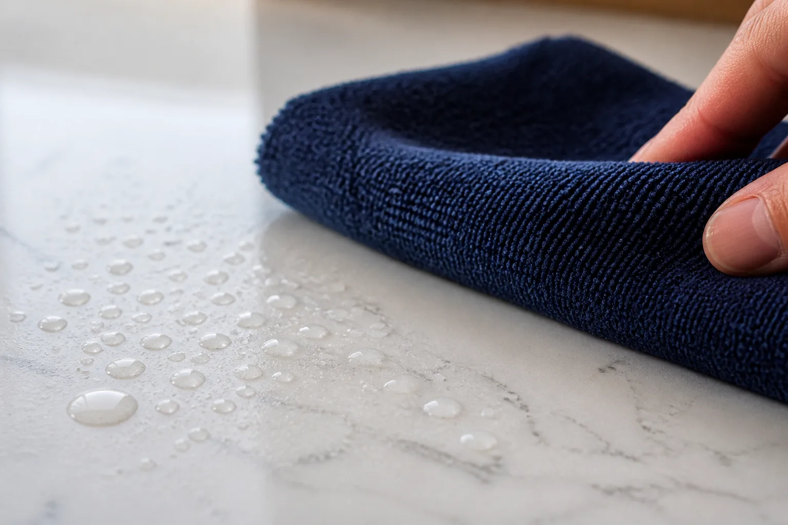 Water beading on a white quartz counter as a folded navy microfiber cloth passes across it