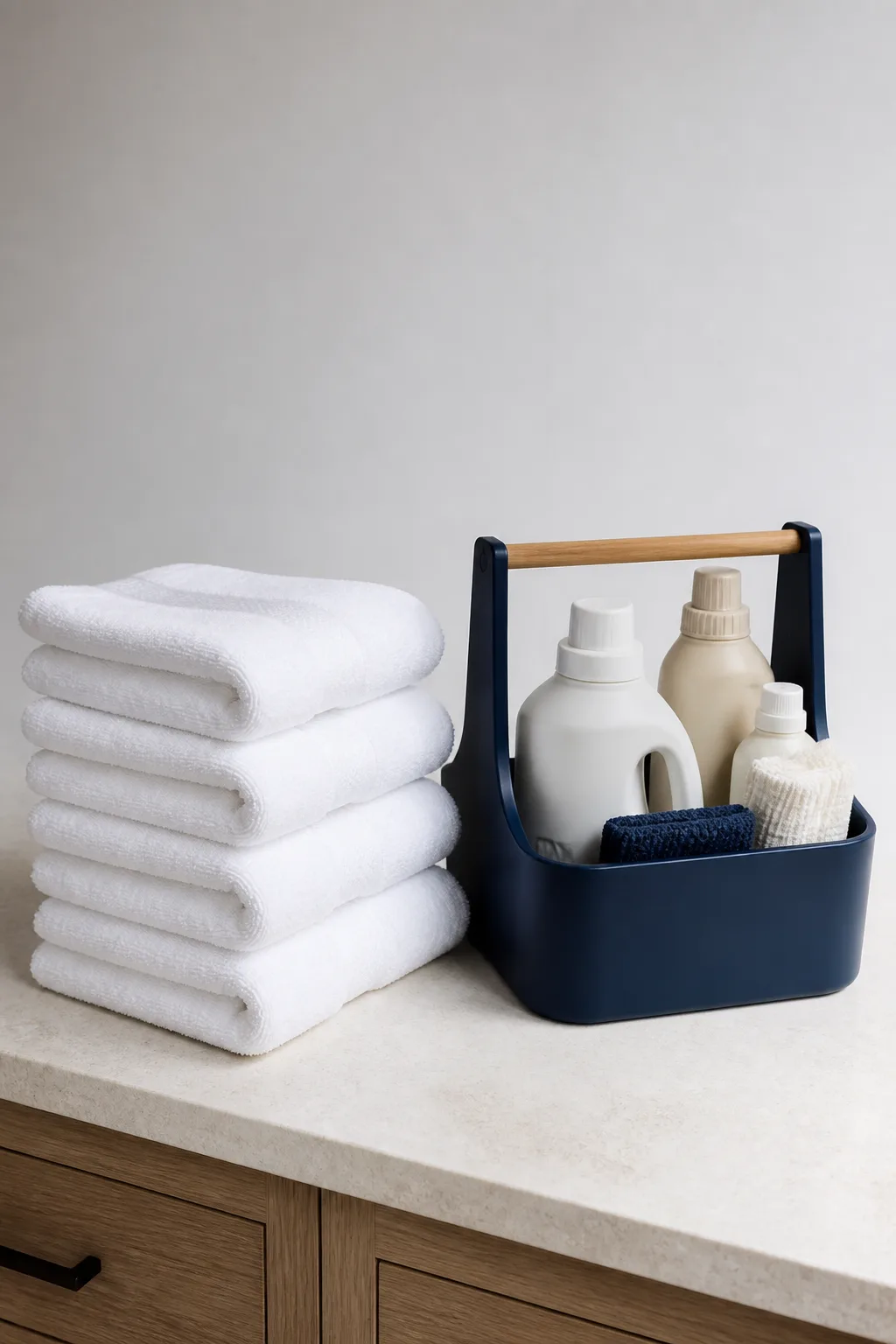 Folded white towels stacked beside a tidy caddy of unlabelled bottles and cloths on a pale limestone surface