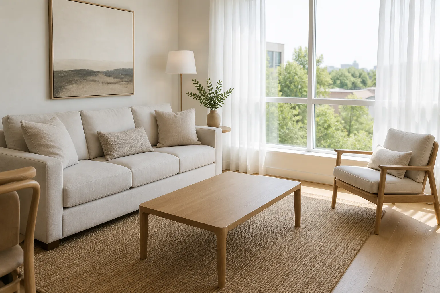 A short-term rental living room reset for check-in, cushions squared and sheer curtains glowing with cool morning light
