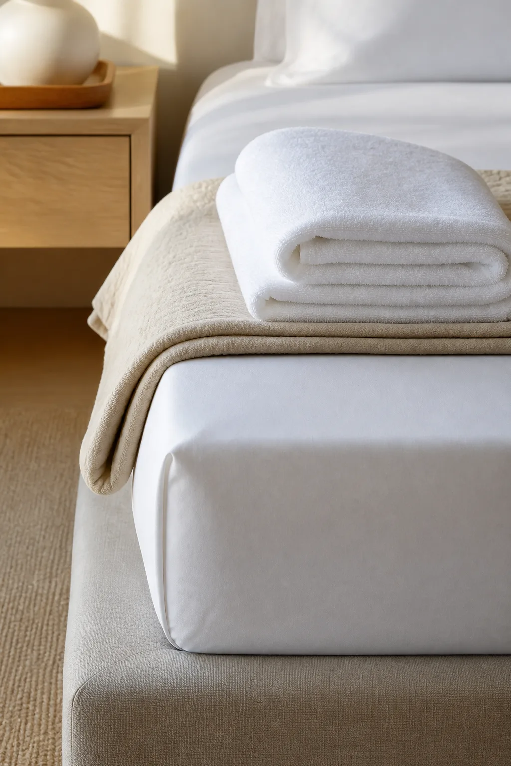 The corner of a made bed: a hospital-mitred white sheet, a folded blanket and a placed towel set