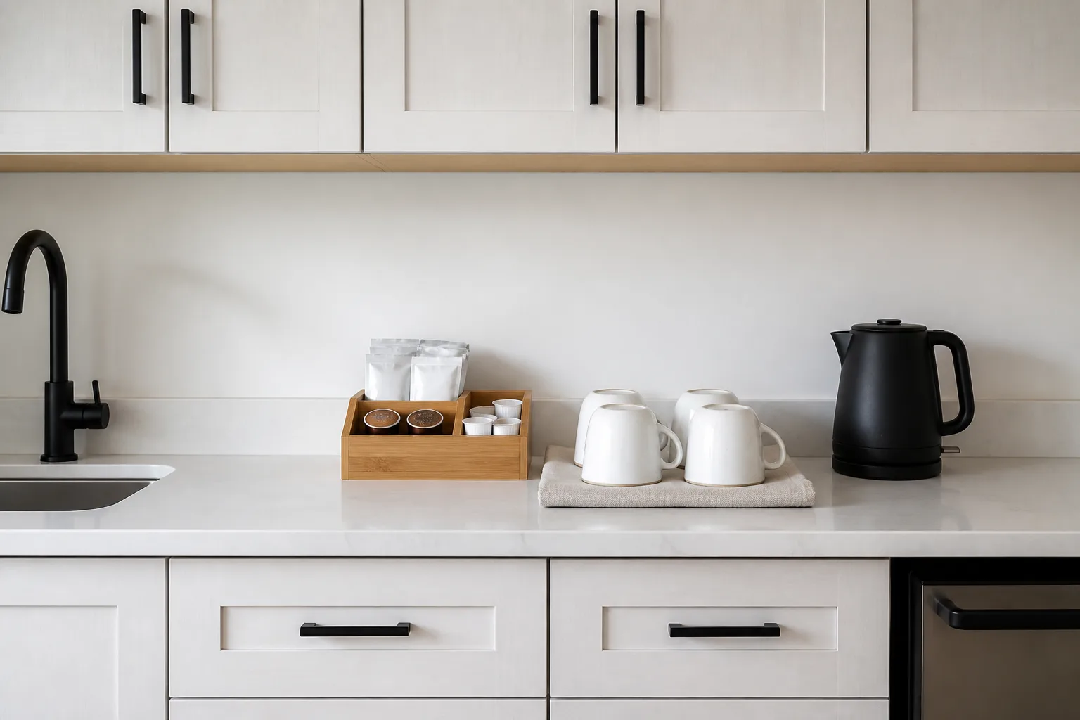 A small kitchenette reset with clear counters and a restocked coffee station